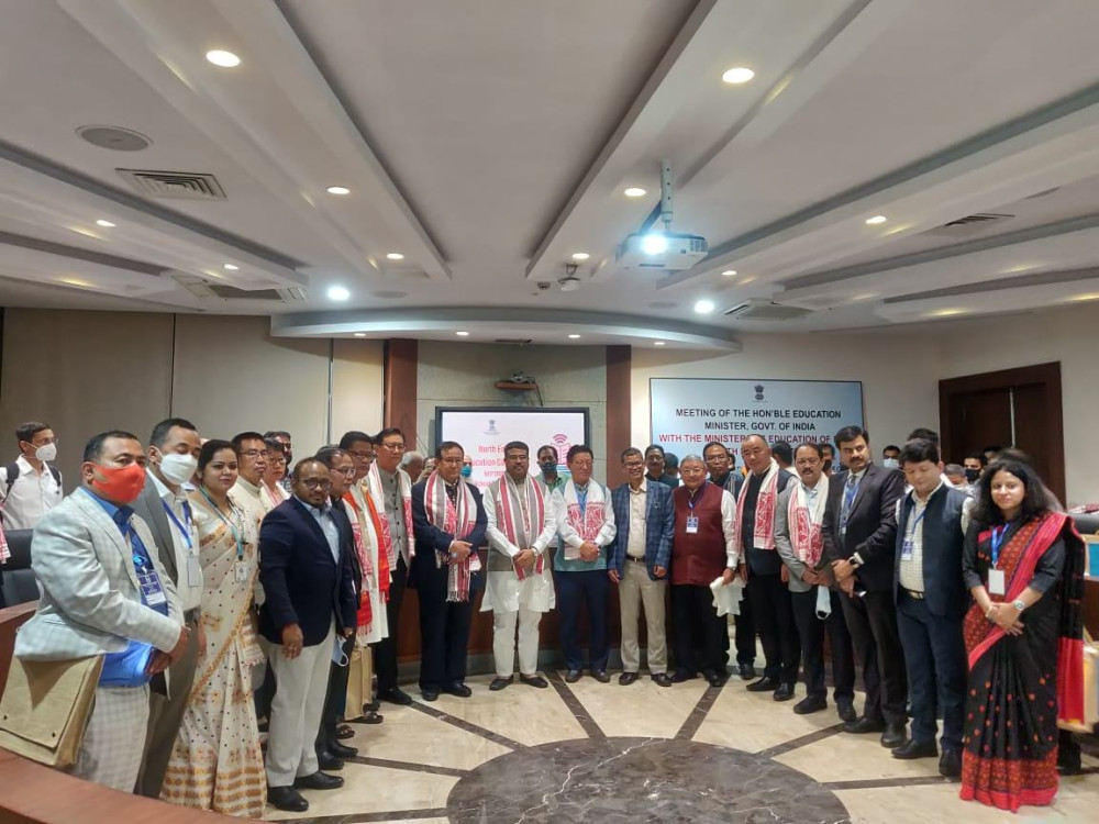 Union education minister Dharmendra Pradhan with the delegates of North-East Education Conclave in Guwahati.